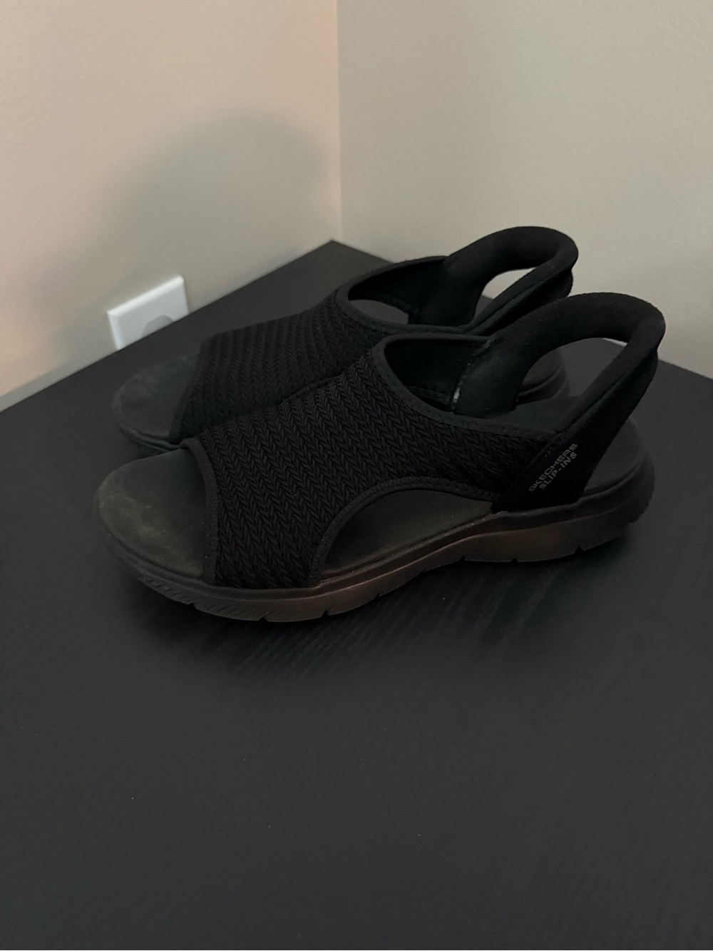 Skechers Black Knit Slip-On Wedge Sandals - Picture 2 of 3